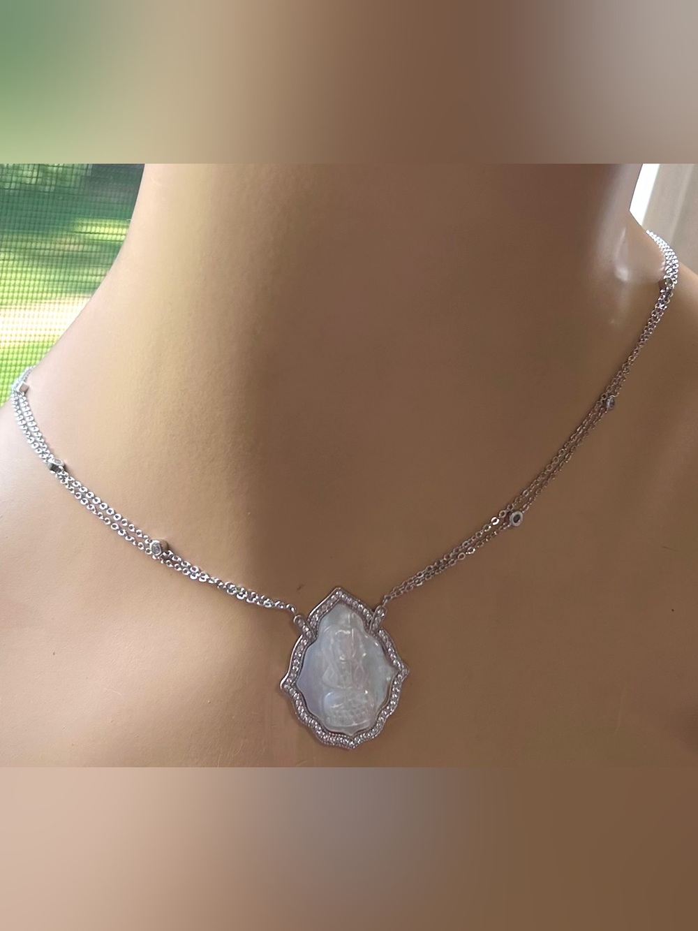 Mother of Pearl Carved Pendant Necklace in 925 Sterling Silver